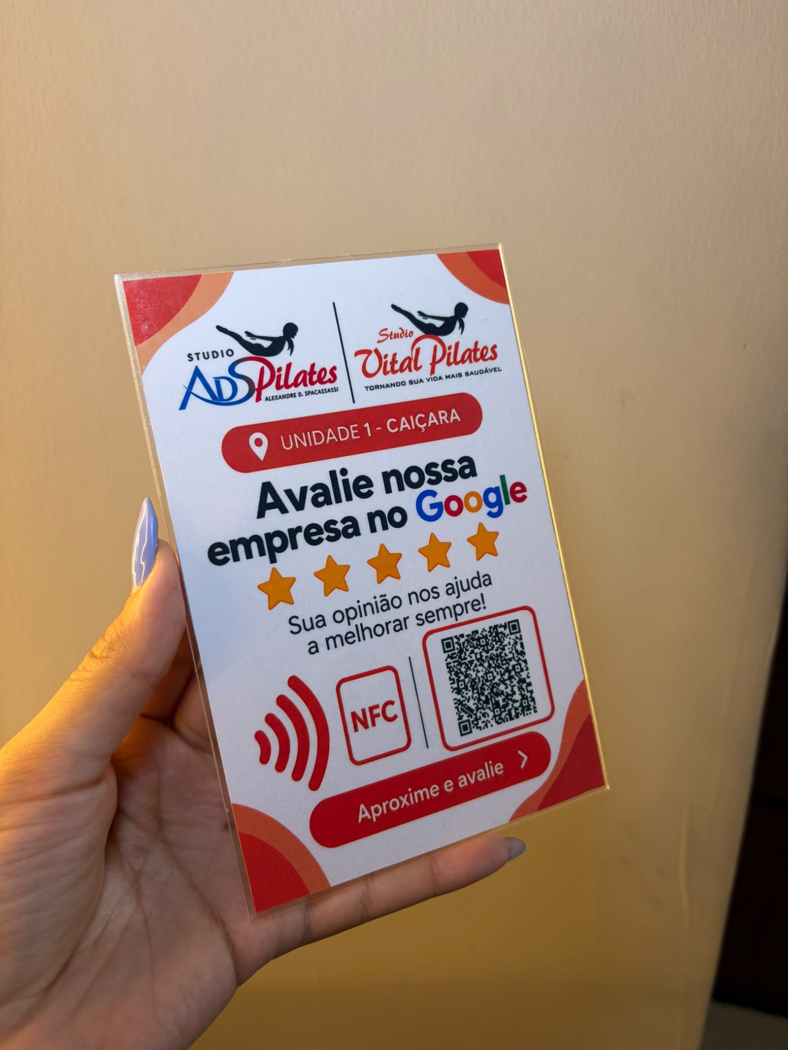 Placa NFC e QR Code para avaliação no Google, personalizada para ADS Pilates e Vital Pilates